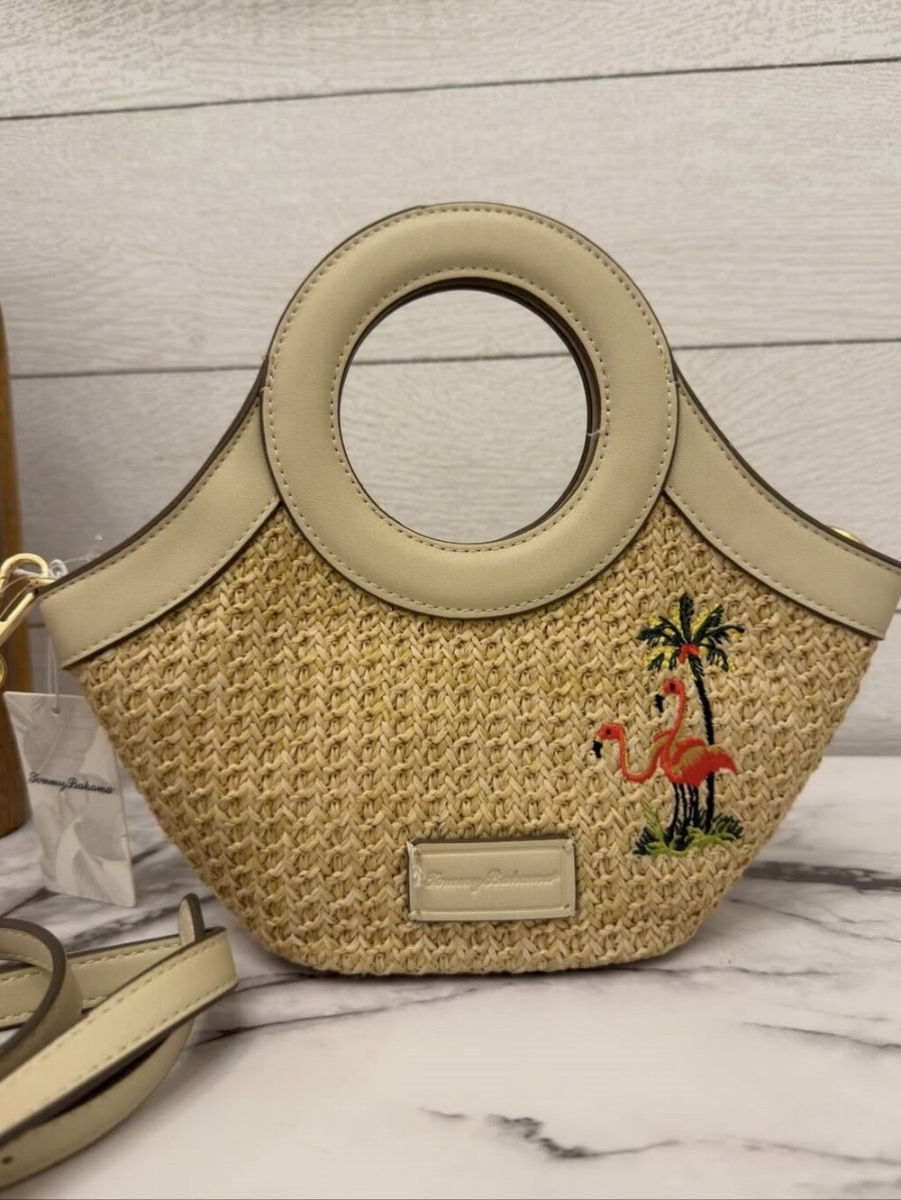 Tommy Bahama Beige Straw Pink Flamingo Handbag